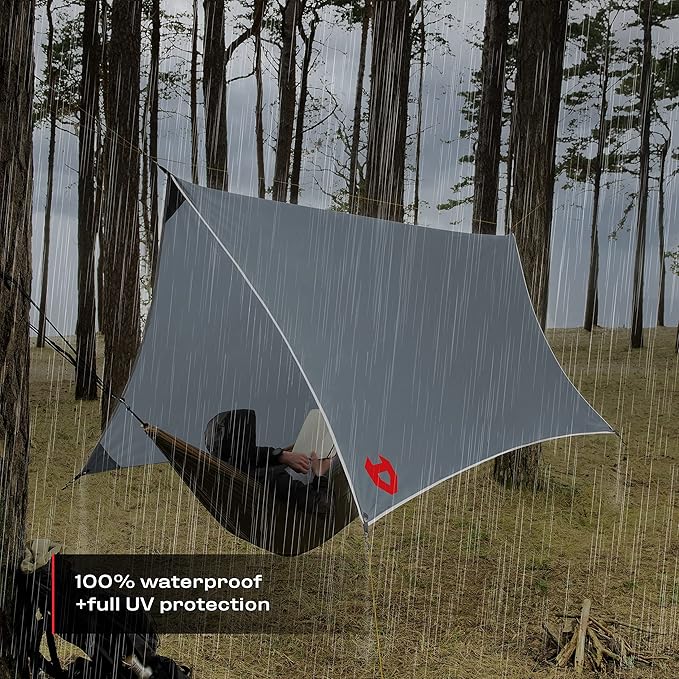 Rain Fly12x10 Lightweight Survival Camping Tarp; 100% Waterproof; Makes a Great Backpacking Tarp or Hammock Shelter; Comes in Multiple Colors, Survival Bracelet Included; Grey