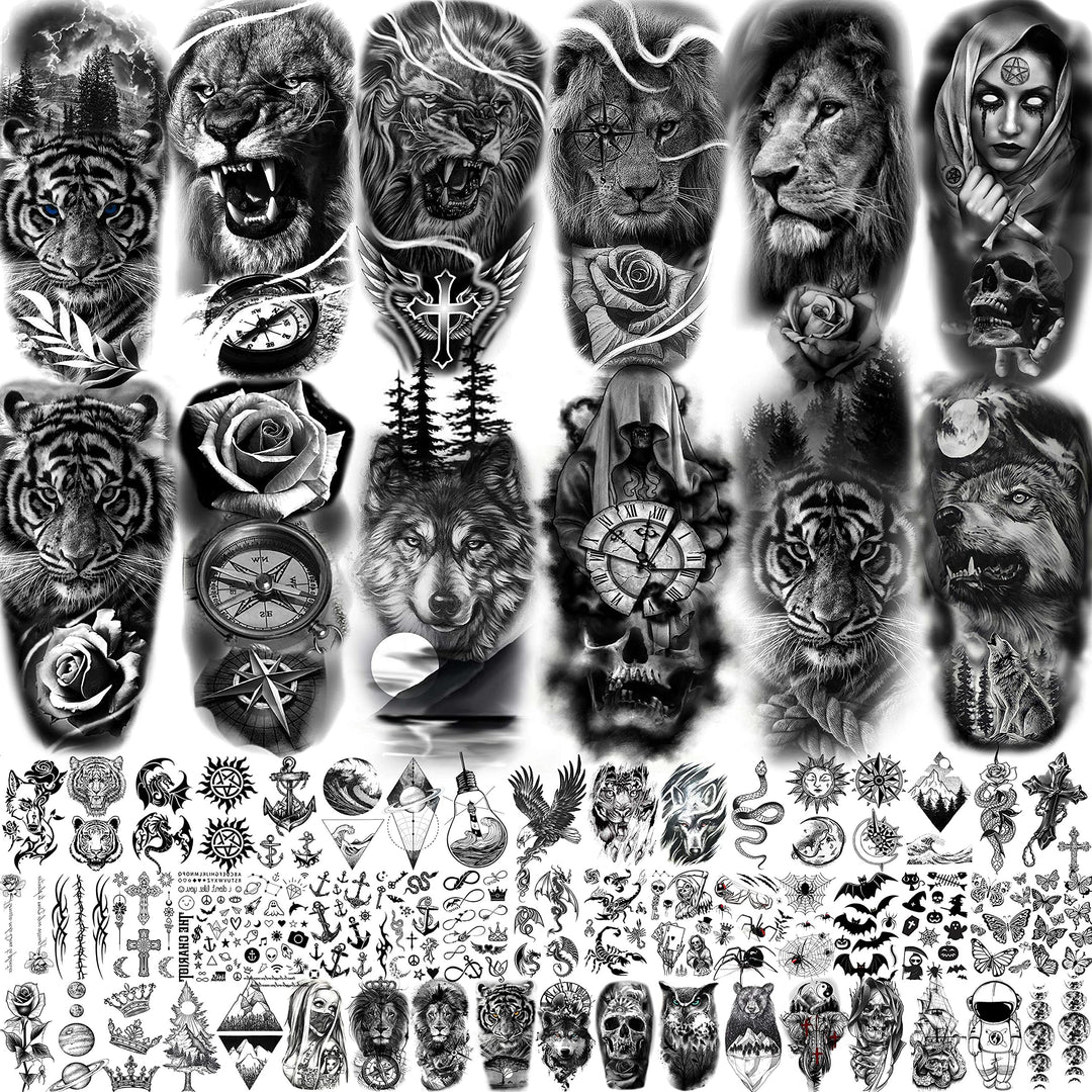 COKTAK 64 Sheets Large Black Arm Temporary Tattoos For Men Forearm Women Thigh, Half Sleeve Animals Lion Tiger Wolf Temp Tattoo Stickers Adults, Death Skull Compass Flower Fake Tattoos That Look Real