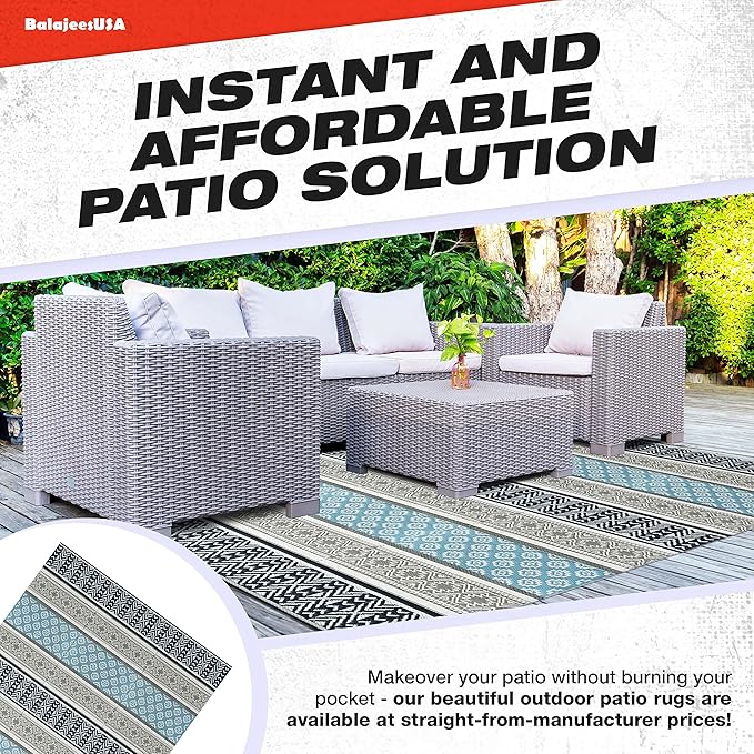 BalajeesUSA Outdoor Plastic Patio Rugs – 9x12, Grey, Teal Durable and Affordable Multipurpose Woven Plastic Straw All-Weather and Waterproof Rug Reversible Camper Mats Large rv mats Outdoor