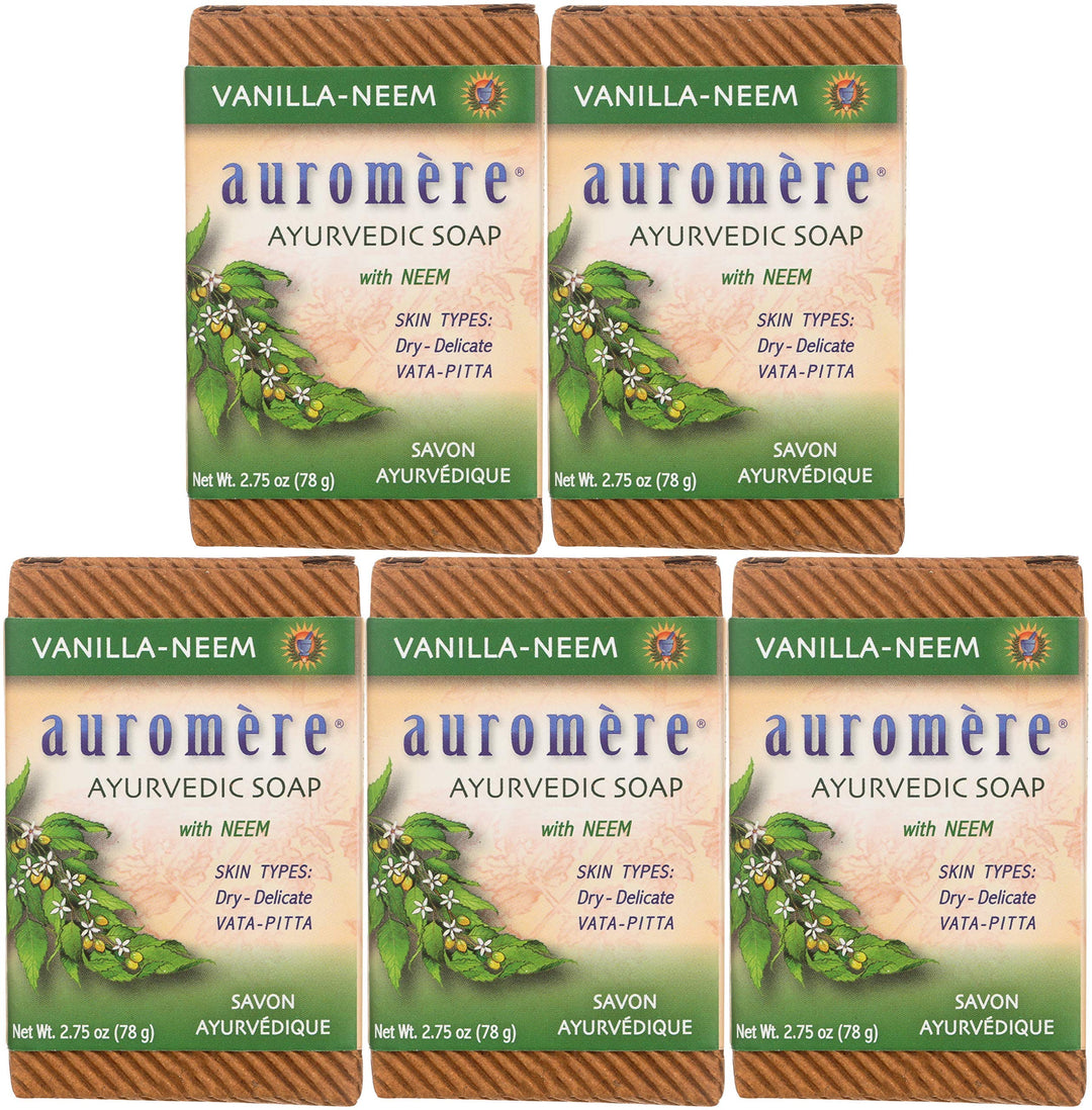 Auromere Ayurvedic Bar Soap, Vanilla Neem - Eco Friendly, Handmade, Vegan, Cruelty Free, Natural, Non Gmo (2.75 Oz), 5 Pack