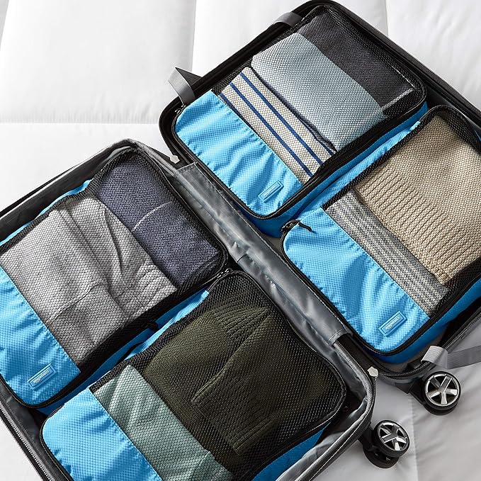 Amazon Basics Medium Packing Cubes for Travel, Packing Organizers, 4-Piece-Set With Double Zipper Pulls and Mesh Top Panel, 100% Durable Polyester, Sky Blue, 13.8"L x 9.8"W x 3"H