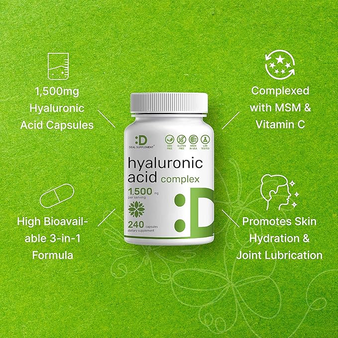 Deal Supplement Hyaluronic Acid Supplements 1,500mg – 240 Capsules, with MSM & Vitamin C – Pure 95% | Non-GMO + Plant Based HA – Supports Healthy Joints, Bones, Connective Tissue, & Skin Hydration