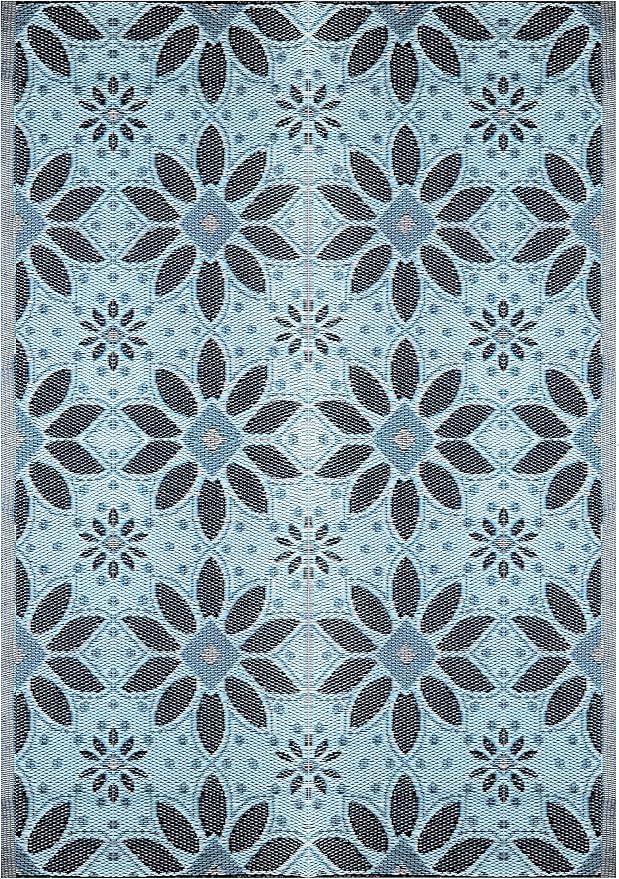 BalajeesUSA Outdoor Rug - 5x7 Sky Blue, Black, Grey, Reversible Recycled Plastic Straw Outdoor Patio Rugs Clearance Waterproof Large RV Camper Mats 287