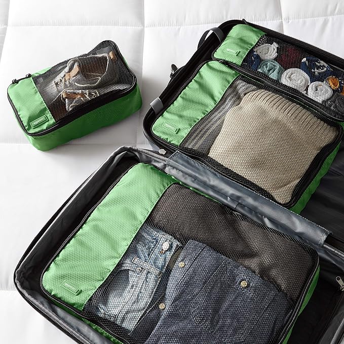 Amazon Basics Packing Cubes for Travel, Packing Organizers Set, 4-Piece-Set (Slim, Small, Medium, Large) With Double Zipper Pulls and Mesh Top Panel, 100% Durable Polyester, Green