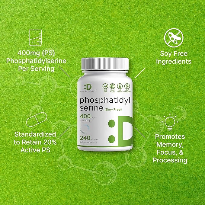 Phosphatidylserine Supplement, 400mg Serving, 240 Capsules – Soy Free Sunflower Lecithin Source