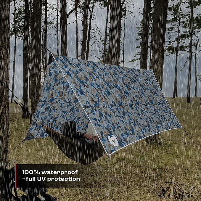 Rain Fly 12x10 Lightweight Survival Camping Tarp; 100% Waterproof; Makes a Great Backpacking Tarp or Hammock Shelter; Comes in Multiple Colors, Survival Bracelet Included; Camo Pixel Blue