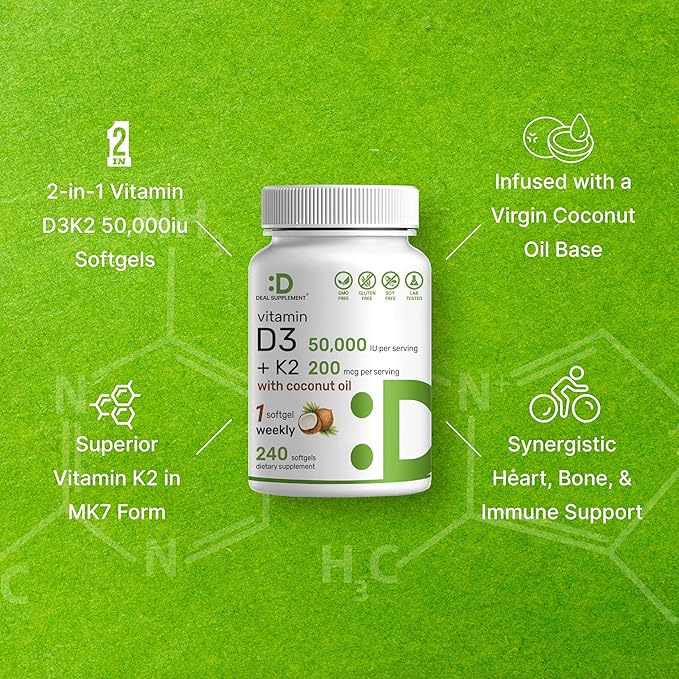 DEAL SUPPLEMENT Vitamin D3 50,000 IU + K2 MK7 200 mcg,240 Softgels | Virgin Coconut Oil, Max Strength Vitamin D & K, Promotes Heart, Bone, & Teeth Health – One Softgel Weekly, Easy to Swallow