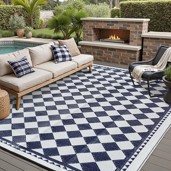 Outdoor Waterproof Rug 6'x9' Plastic Straw Rugs Washable Reversible Floor Mat Blue Plaid Carpet for Camping RV Deck Entryance Porch Picnic Balcony Beach Backyard