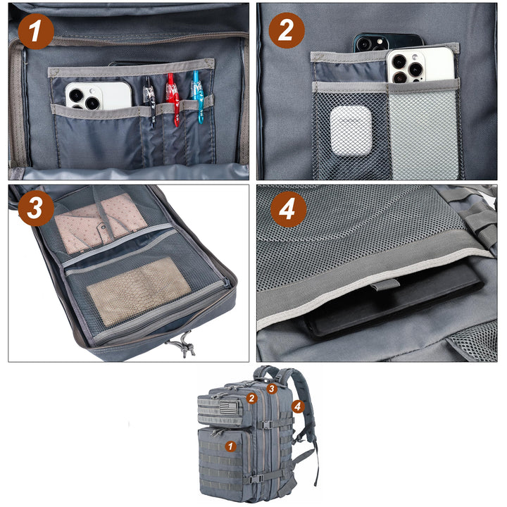 LHI Military Tactical Backpack for Men and Women 45L Army 3 Days Assault Pack Bag Large Rucksack with Molle System - Grey