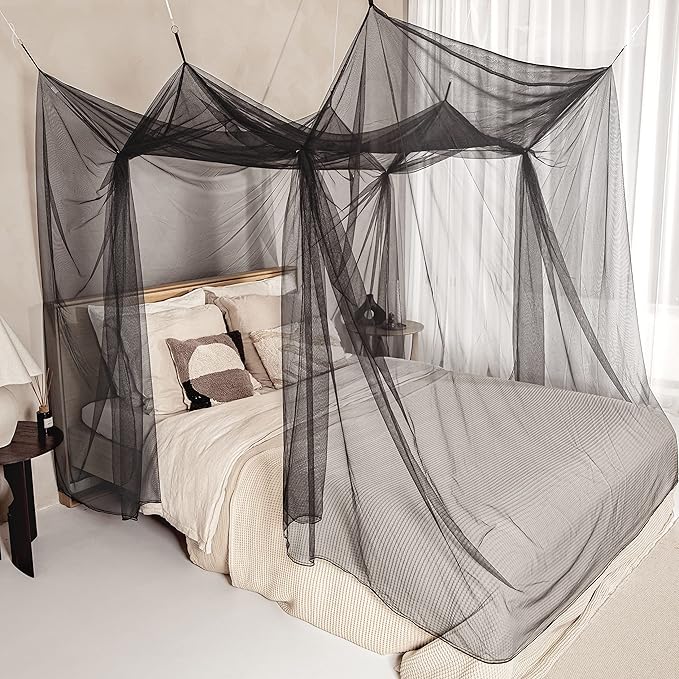 Black Mosquito Net for Single to King-Sized Beds – 2 Side Openings & 6 Hanging Loops – Decorative Rectangular Shape for Home & Travel – Bed Canopy Hanging Kit & Carrying Bag Included