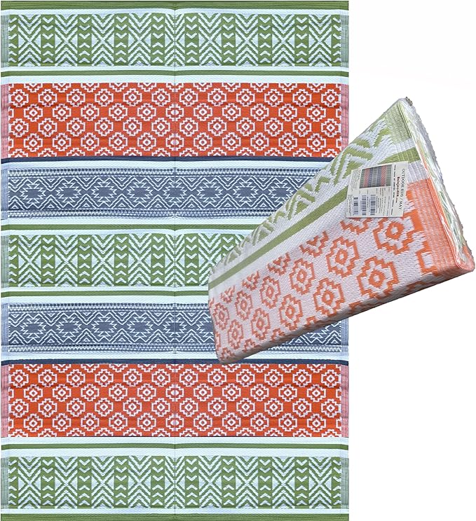 BalajeesUSA Outdoor Rugs–9x18 Plastic Patio Decor Green, Orange, Durable and Affordable Recycled Straw Picnic All-Weather and Waterproof Reversible Camper Awning mats 7742