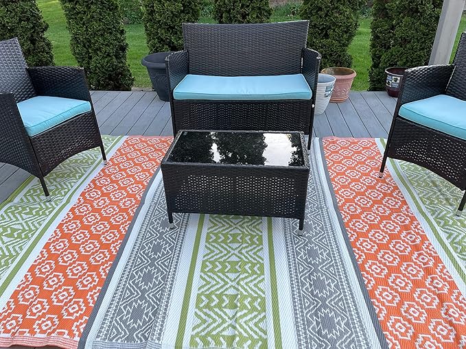 BalajeesUSA Outdoor Decor Patio Rugs – 6x9, Green, Orange Waterproof Affordable Multipurpose Woven Plastic Straw All-Weather Waterproof Rug Reversible Camper mat Awning