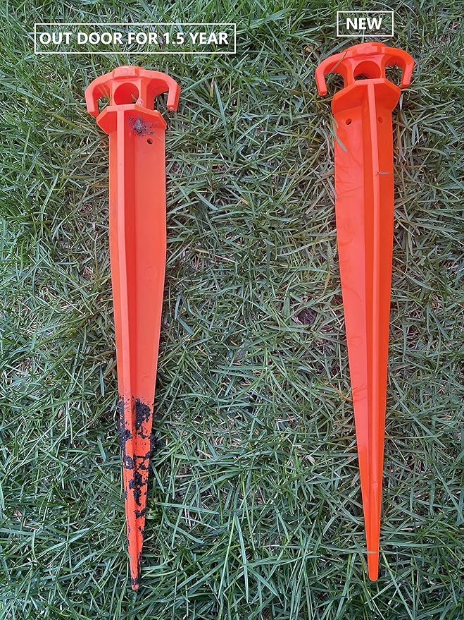 16" 12 PCS Tent Pegs Garden Stakes Durable and Strong Plastic Tent Stakes for Beach Mat, Camping, Hiking, Garden, Landscape Stakes, Orange Stakes UV Resistant
