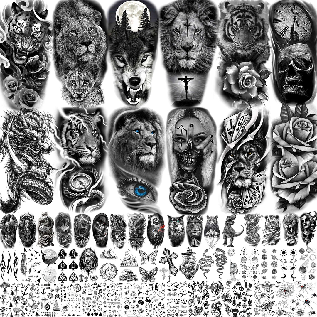 TASROI 61 Sheets Realistic Skull Tiger Wolf Lion Temporary Tattoos For Women Men Arm Sleeve, 3D Halloween Temp Tattoos Adults Compass Black Rose Flower, Bulk Fake Tattoos That Look Real And Last Long