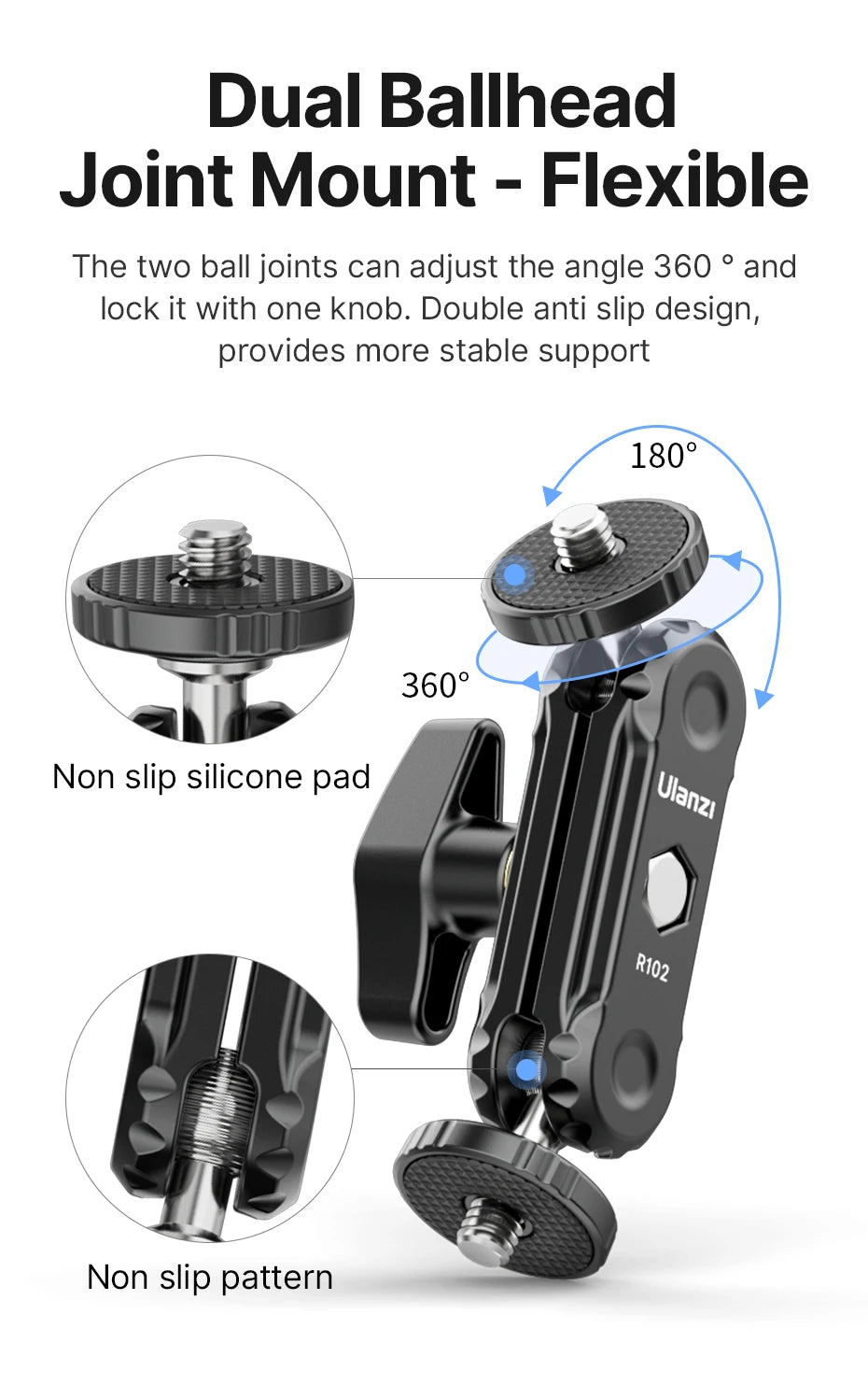 Ulanzi R098 Double Ball Heads Magic Arm with Cold Shoe Mount 1/4''  Screw for DSLR Camera Monitor Mic Video Light Super Clamp