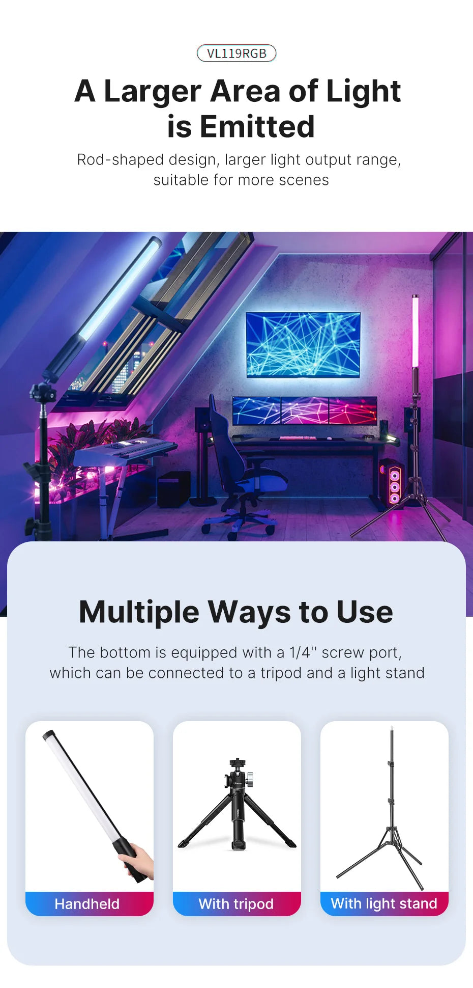 Ulanzi VL119 RGB Handheld Stick Light Wand Tube LED Video Light CRI 95+ 2500K-9000K 2000mAh Photography Lighting Fill Lamp