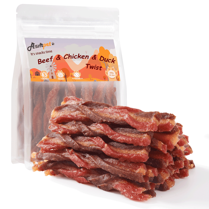 ASMPET Natural Twist Dog Treats, Real Premium Beef, Chicken and Duck Jerky for Small Medium Large Dog, 10.5 oz