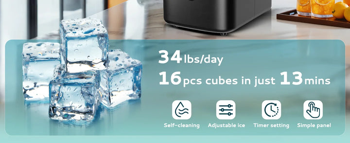 SIMZLIFE Ice Cube Maker Machine with External 34Lbs Water Tank 16Pcs Ready in 13 Mins 2 Ways to Add Water for Kitchen Office Bar