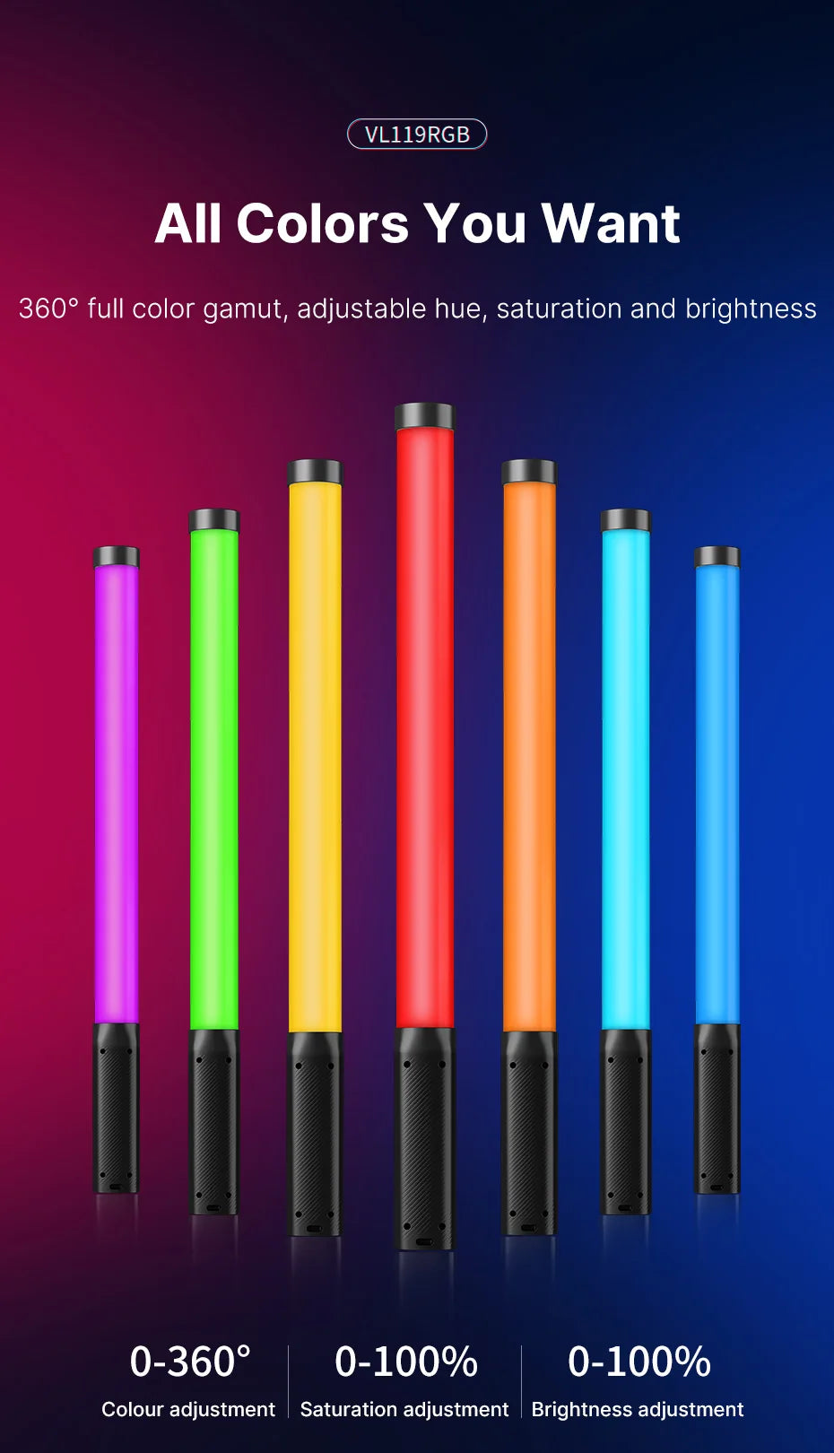 Ulanzi VL119 RGB Handheld Stick Light Wand Tube LED Video Light CRI 95+ 2500K-9000K 2000mAh Photography Lighting Fill Lamp