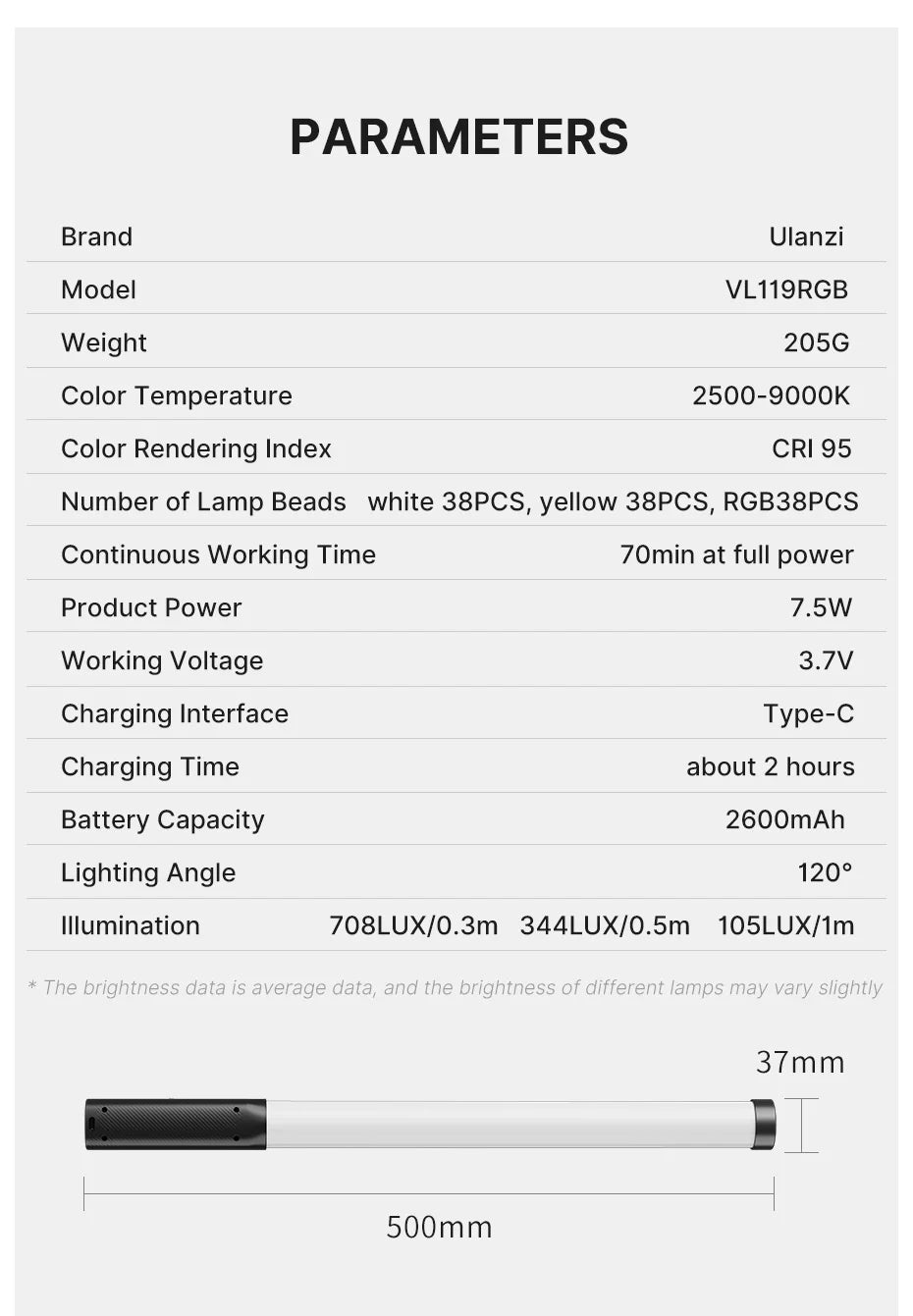 Ulanzi VL119 RGB Handheld Stick Light Wand Tube LED Video Light CRI 95+ 2500K-9000K 2000mAh Photography Lighting Fill Lamp