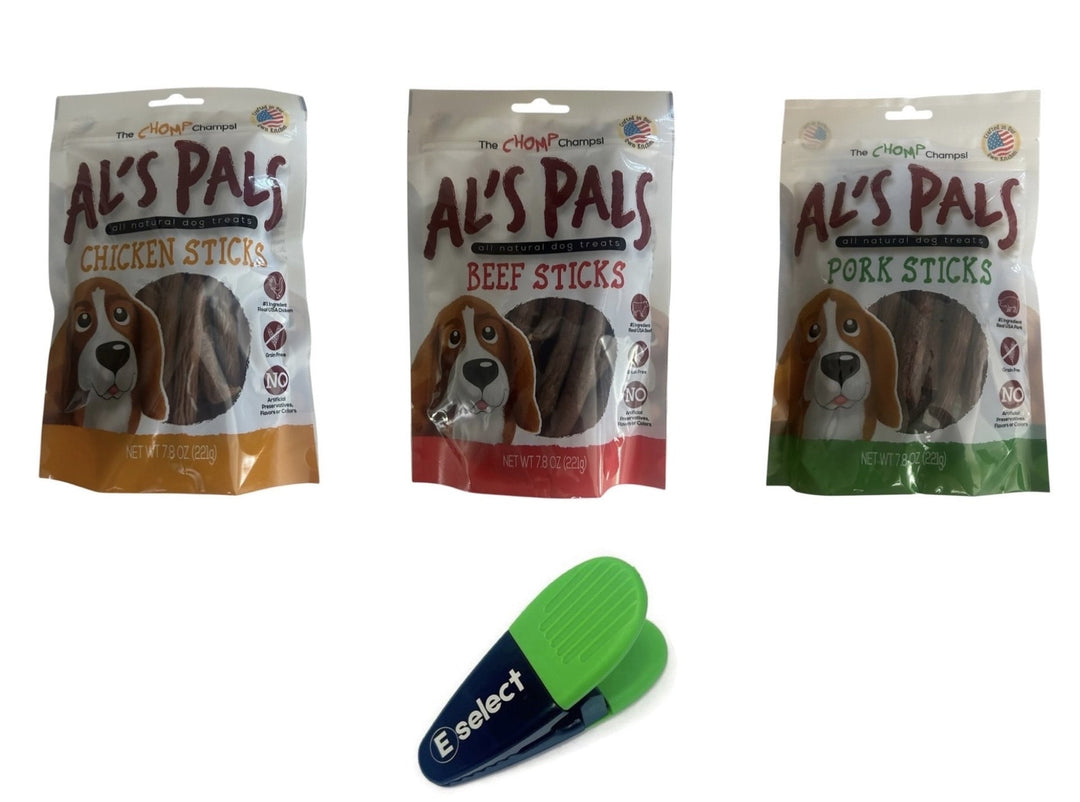 Al's Pal All Natural Dog Treats Bundle - Al's Pals Chicken Sticks 7.8 oz, Al's Pals Beef Sticks 7.8 oz, Al's Pals Pork Sticks 7.8 oz, bundled with Eselect Bag Clip