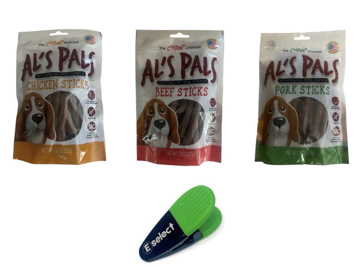 Al's Pal All Natural Dog Treats Bundle - Al's Pals Chicken Sticks 7.8 oz, Al's Pals Beef Sticks 7.8 oz, Al's Pals Pork Sticks 7.8 oz, bundled with Eselect Bag Clip