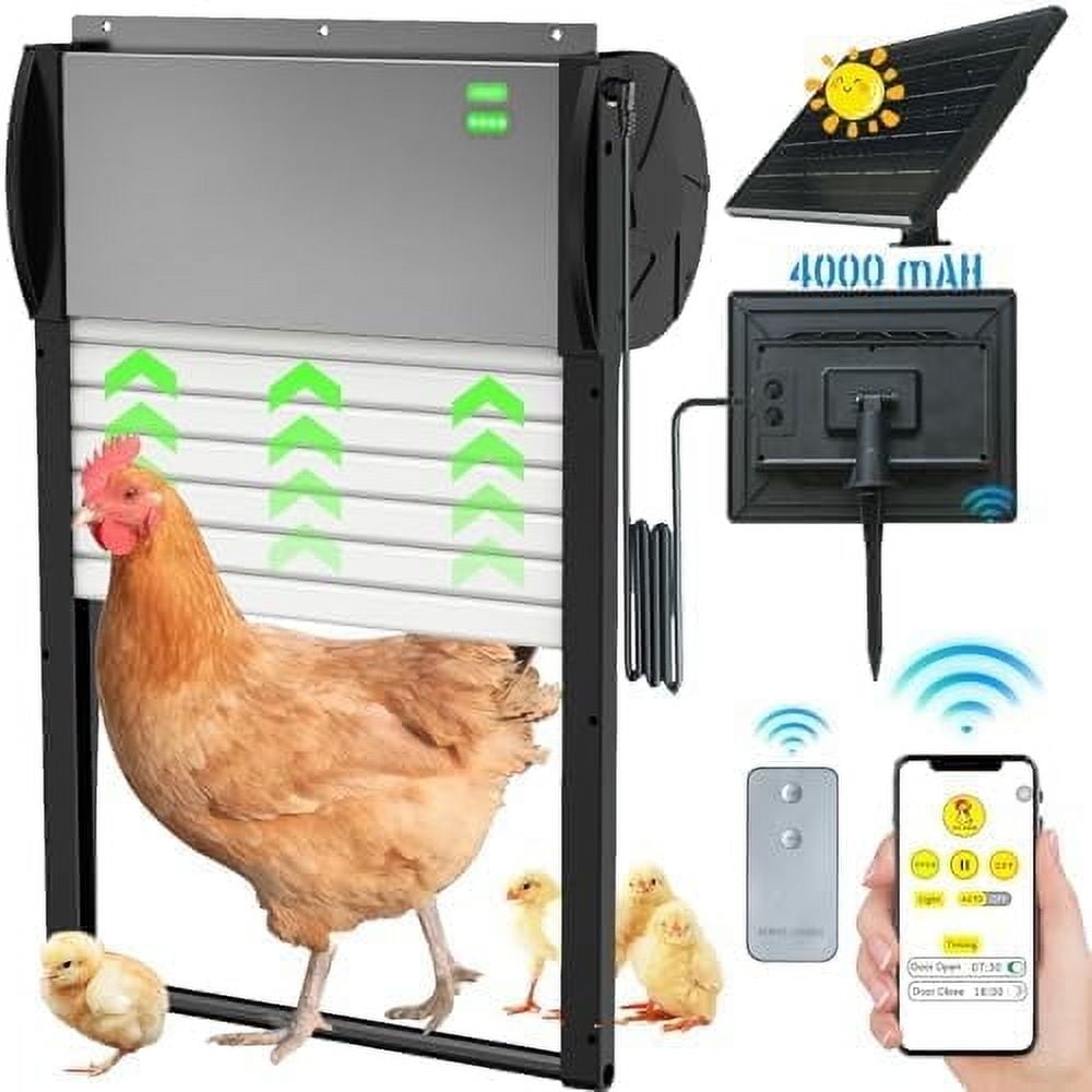 Automatic Chicken Coop Door Solar Powered with Timer, Programmable Light Sensor Openers with Remote Control, Anti-Pinch Aluminum Auto Chicken Coops Doors with 5 Modes for Farm, Outdoor, Yard, Gray