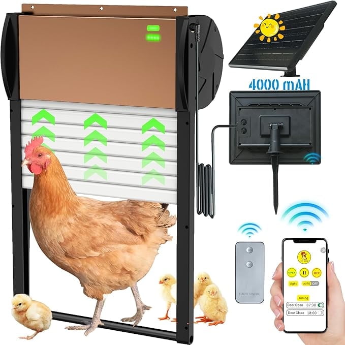 Automatic Chicken Coop Door Solar Powered with Timer, Programmable Light Sensor Openers with Remote Control, Anti-Pinch Aluminum Auto Chicken Coops Doors with 5 Modes for Farm, Outdoor, Yard, Brown