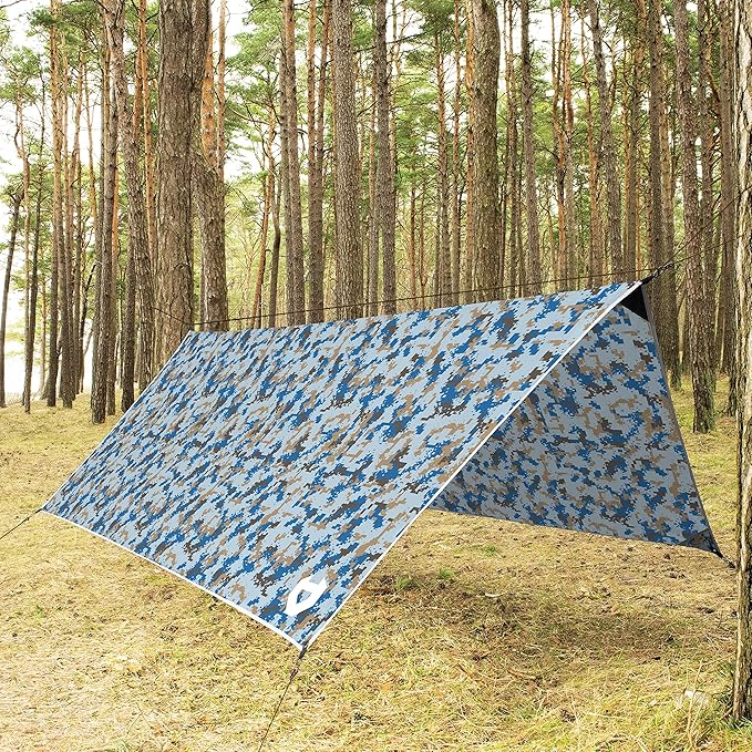 Rain Fly 12x10 Lightweight Survival Camping Tarp; 100% Waterproof; Makes a Great Backpacking Tarp or Hammock Shelter; Comes in Multiple Colors, Survival Bracelet Included; Camo Pixel Blue