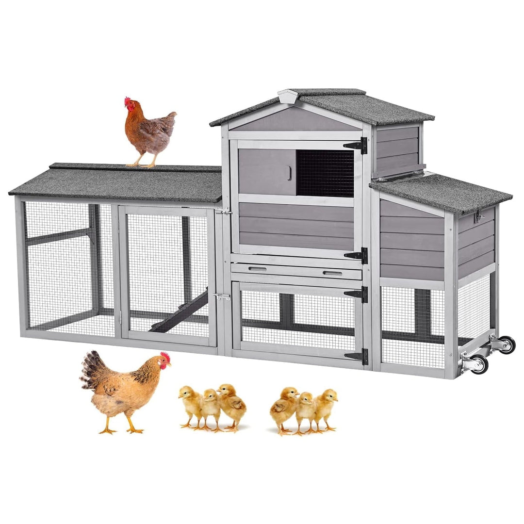 MEDEHOO 80in Chicken Coop Mobile Hen House Outdoor Wooden Poultry Cage with Wheels Nesting Box Run