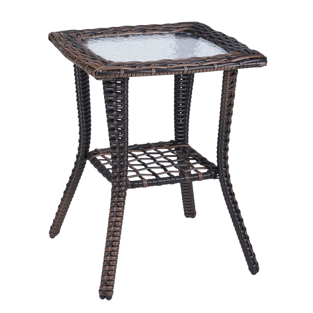 Buytoshop Outdoor Wicker Side Table, Rattan End Table with Glass Top, Patio Coffee Bistro Table for Garden Porch Balcony, Brown