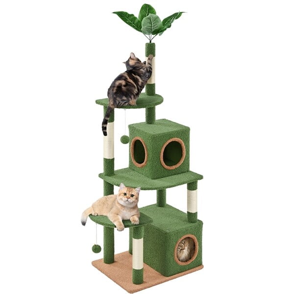 Cat Tree Tower with Palm Leaf Fluffy Balls Scratching Posts Cat Furniture 59inch