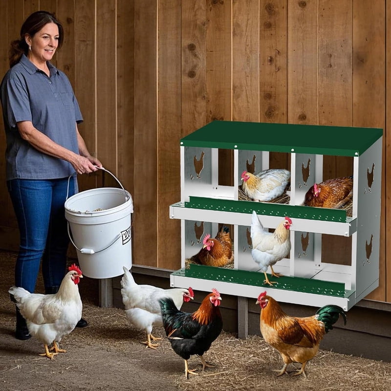 Chicken Nesting Box 6 Compartments Laying Boxes, Metal Chicken Egg Laying Box with Rollout Egg Collection, Large Vented Holes Chicken Coop for Chickens, Hens (Green)