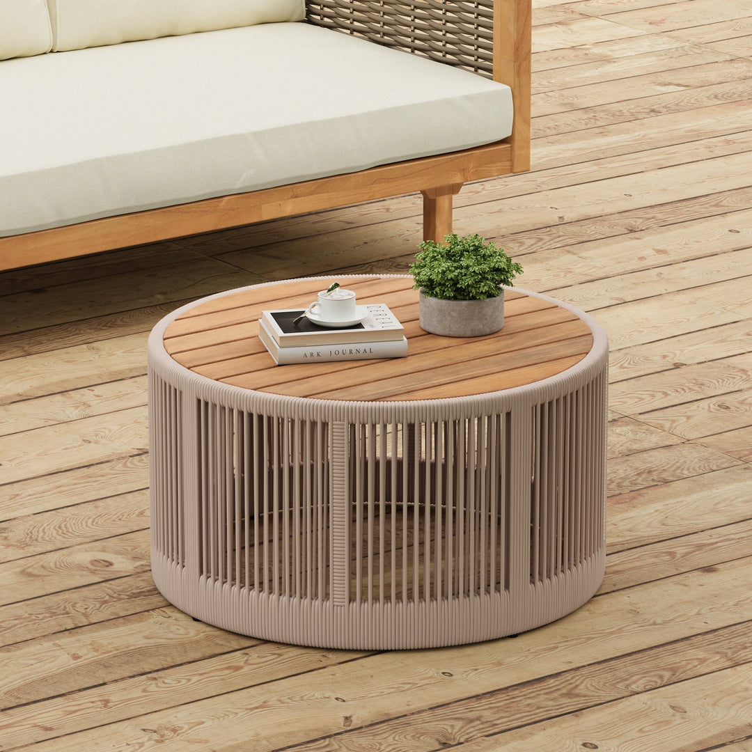 Christopher Knight Home 26" Round Coffee Table, Acacia Wood Top with Rope & Iron Base, Beige