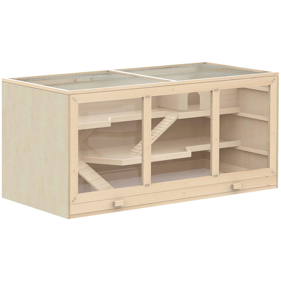 CoSoTower Extra Large Wooden Hamster Cage, Gerbil Cage, and Other Small Animal Habitat, Hamster Habitat with Opening Roof, Hut, Ramps, Natural