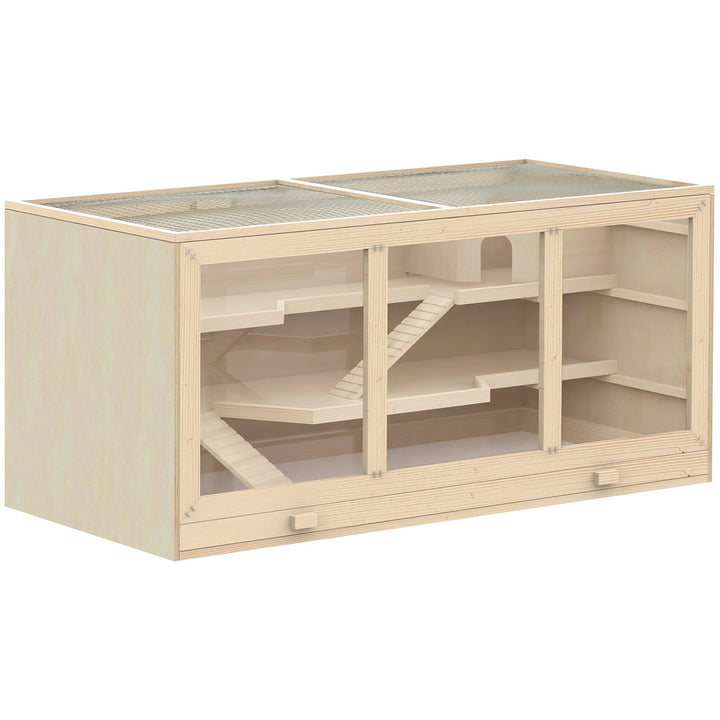 CoSoTower Extra Large Wooden Hamster Cage, Gerbil Cage, and Other Small Animal Habitat, Hamster Habitat with Opening Roof, Hut, Ramps, Natural
