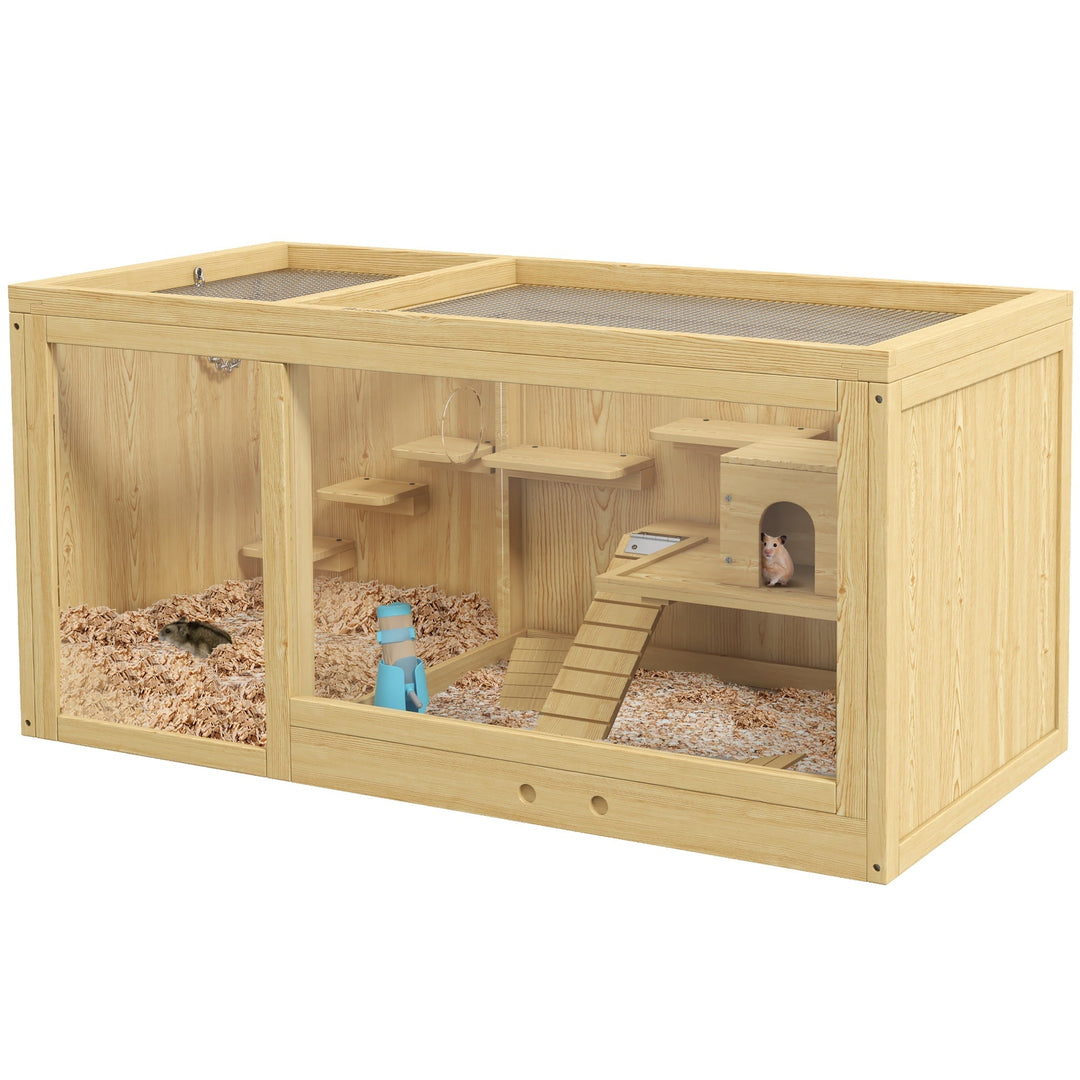 CoSoTower Wooden Hamster Cage, Extra Large Gerbil Cage, Multi-Layer Small Animal Cage for Dwarf Hamster, Activity Center with Pull-Out Tray, Seesaws, Water Bottle, Ladder, Openable Top