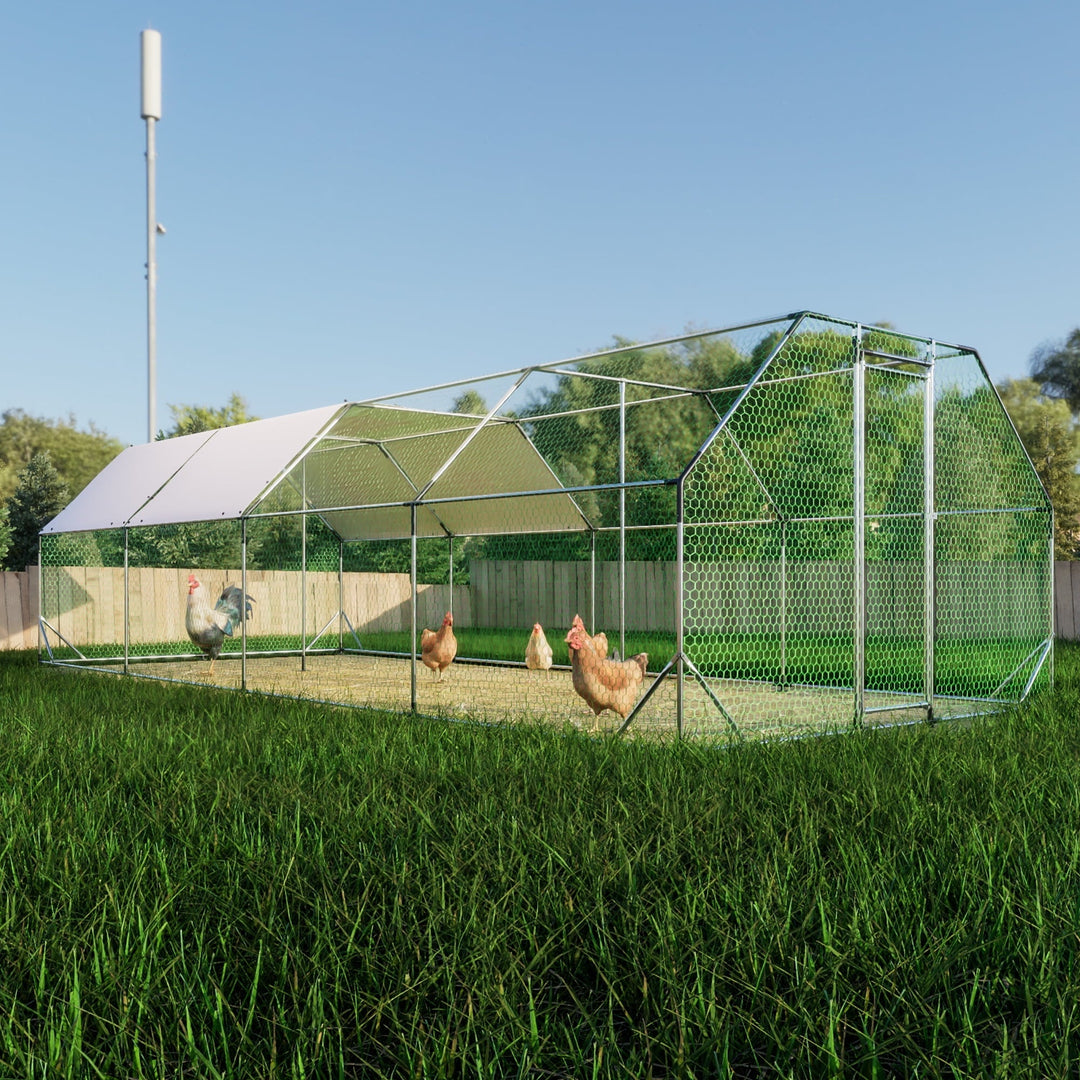 Coowa Galvanized Large Metal Walk-in Chicken Coop Cage Farm Poultry Run Hutch Hen House 9.94 ft x 25.68 ft