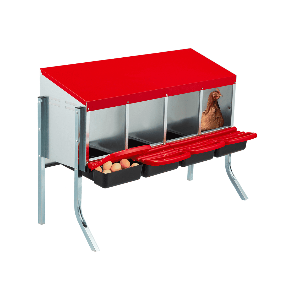 EROMMY Chicken Nesting Box, 4 Compartment Metal Chicken Laying Box, Chicken Brooder Box with Egg Collection for Chicken Coop, Wall Mount or Free Standing, Red