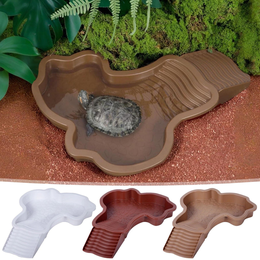 Extra Large Reptile Bathing Pool Reptile Feeding Dish Water Bowl with Ramp Turtle Bath Aquarium Ornament for Leopard Tortoise Scorpion Snake Turtle Lizard Bath (Brown Yellow)