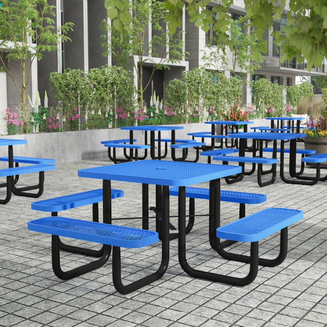 Flash Furniture 46" Square Outdoor Picnic Table with Commercial Grade Heavy Gauge Expanded Metal Mesh Top and Seats and Steel Frame in Blue