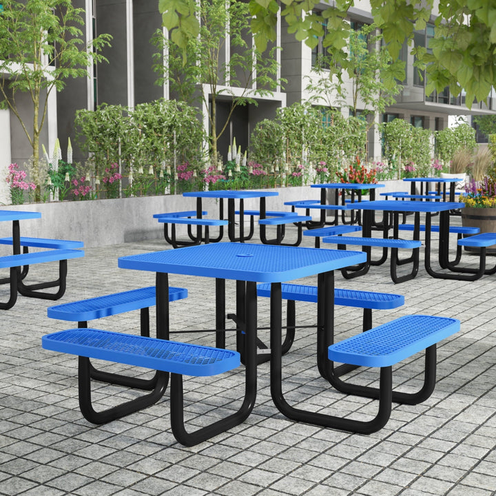 Flash Furniture 46" Square Outdoor Picnic Table with Commercial Grade Heavy Gauge Expanded Metal Mesh Top and Seats and Steel Frame in Blue