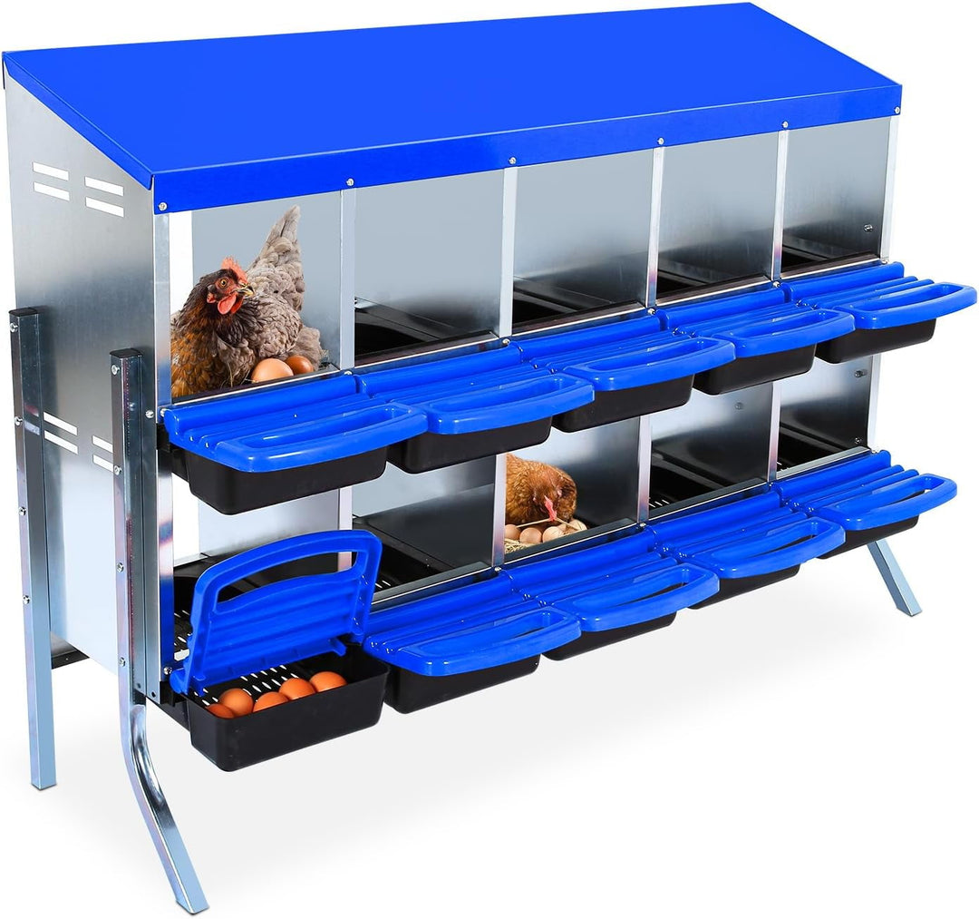 Galvanized Steel Chicken Nesting Box w/ Roll-Away Tray, 6/8/10 Hole Options, Wall/Stand Mount