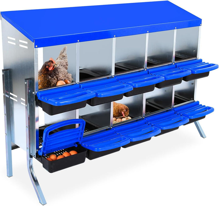 Galvanized Steel Chicken Nesting Box w/ Roll-Away Tray, 6/8/10 Hole Options, Wall/Stand Mount