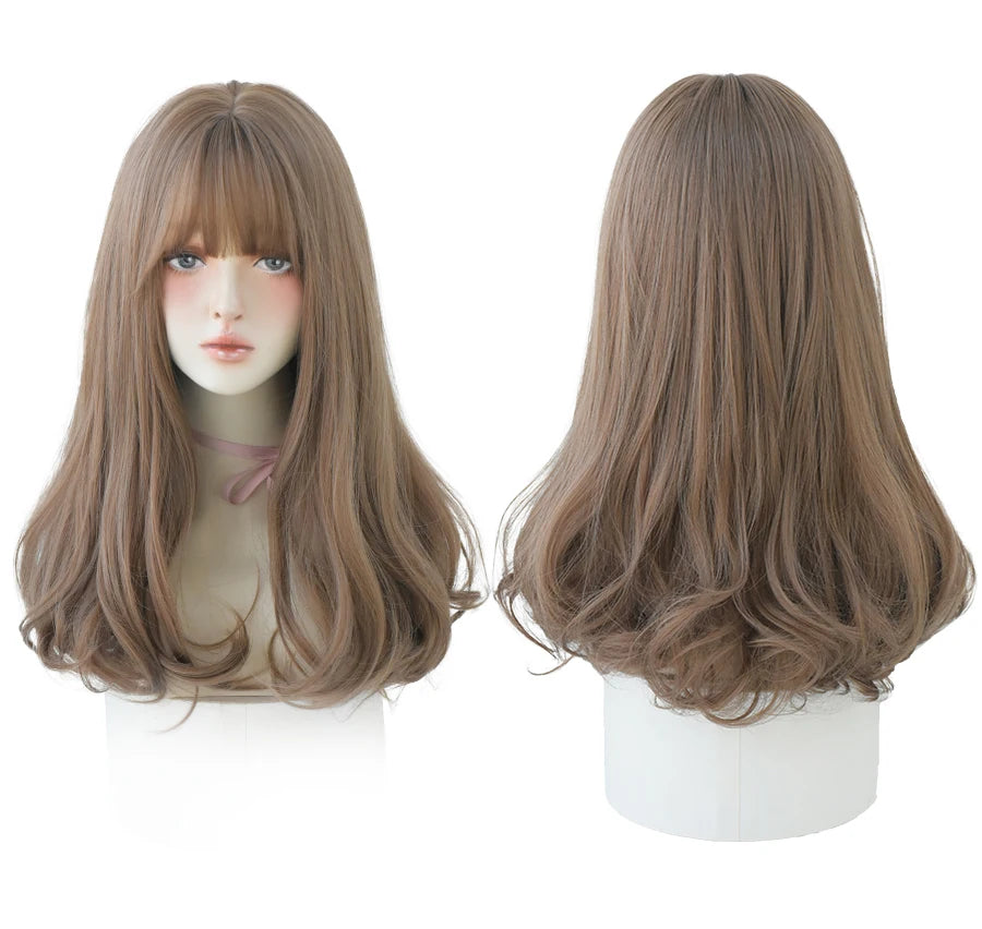 7JHHWIGS Long Wavy Synthetic Black Wigs For Women With Fringe Fashion Heat Resistant Mid-Length Daily Straight Light Brown Hair