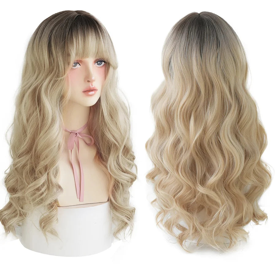 7JHHWIGS Long Wavy Synthetic Black Wigs For Women With Fringe Fashion Heat Resistant Mid-Length Daily Straight Light Brown Hair