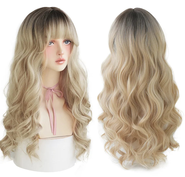 7JHHWIGS Long Wavy Synthetic Black Wigs For Women With Fringe Fashion Heat Resistant Mid-Length Daily Straight Light Brown Hair