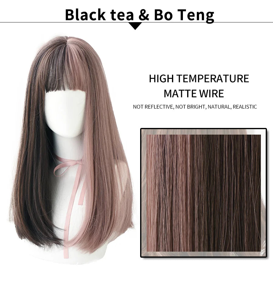 7JHHWIGS Long Wavy Synthetic Black Wigs For Women With Fringe Fashion Heat Resistant Mid-Length Daily Straight Light Brown Hair