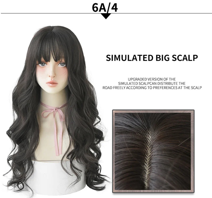 7JHHWIGS Long Wavy Synthetic Black Wigs For Women With Fringe Fashion Heat Resistant Mid-Length Daily Straight Light Brown Hair