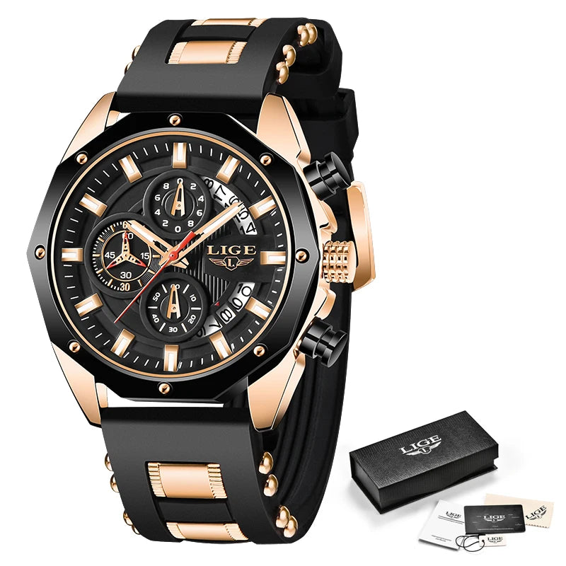 LIGE Brand Watch Men Silcone Sports Watches Men's Army Military Quartz Wristwatch Chronograph Male Clock Relogio Masculino+BOX
